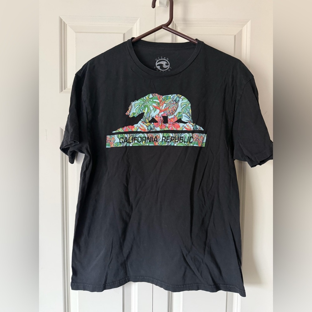 Ocean Current Black Tee with Floral California Republic Bear Graphic